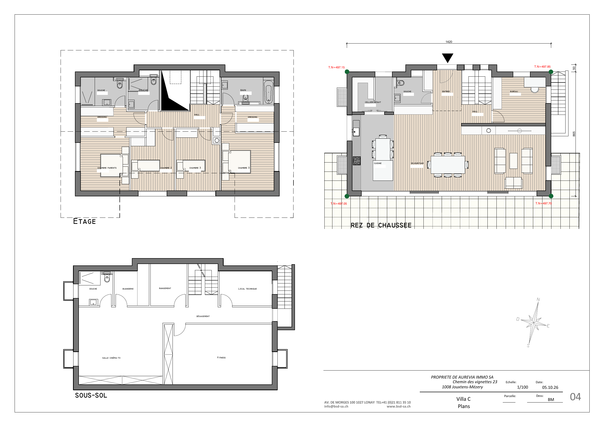 Plan de projet Les Terrasses de Jouxtens-Mézery — Villa C — rez-de-chaussée, étage et sous-sol