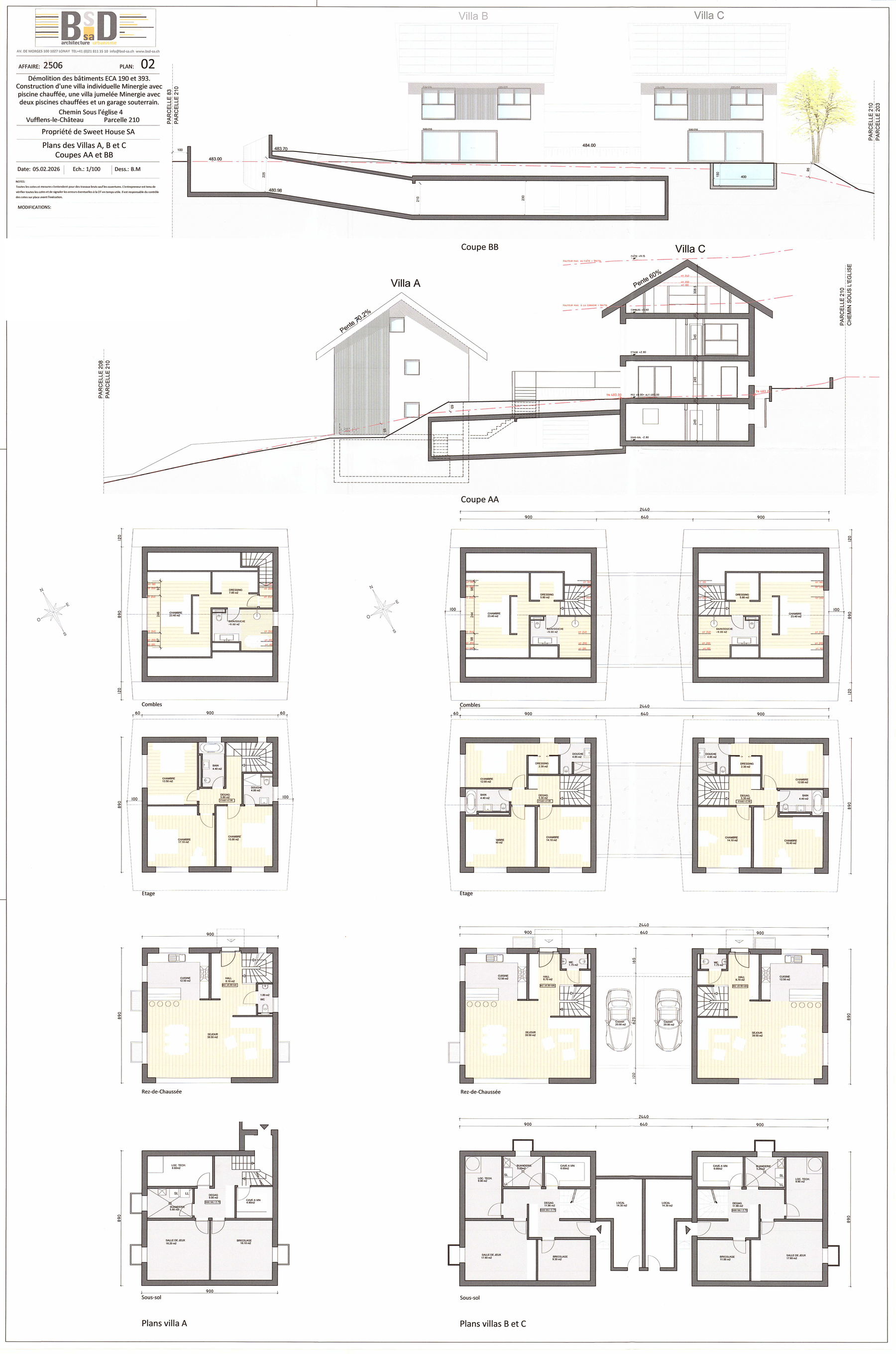 Plan de projet Les Balcons du Château — coupes AA et BB et plans des villas A, B et C