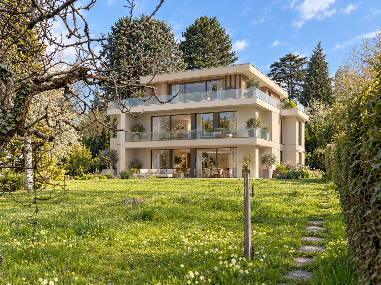 Perspective 3D de la résidence Horizon Pully depuis le jardin