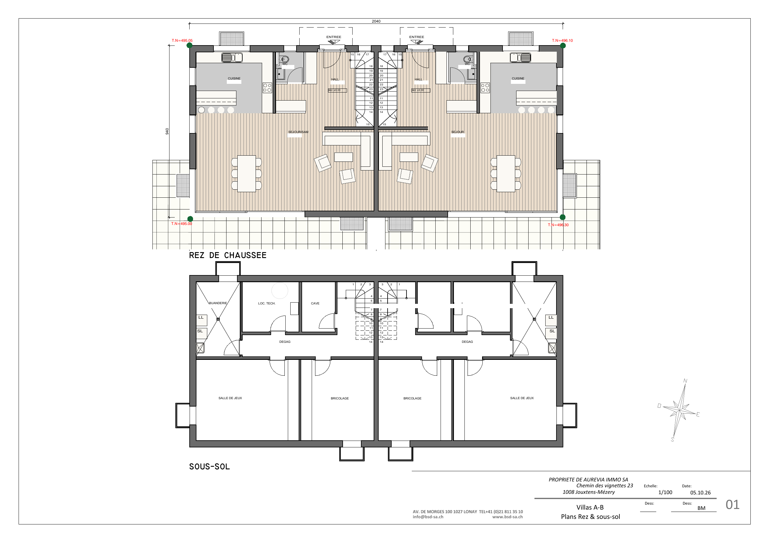 Plan de projet Les Terrasses de Jouxtens-Mézery — Villas A-B — rez-de-chaussée et sous-sol